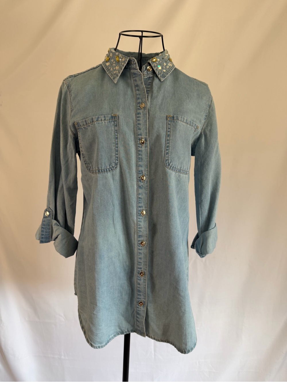 Chico's Light Blue Denim Button-Front Tunic with Embellished Collar